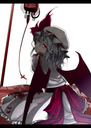 Rule 34 | 1girl, bat wings, blood, blood bag, blood on clothes, blood on face, bonnet, female focus, glowing, glowing eyes, hat, hat ribbon, intravenous drip, letterboxed, light purple hair, pacifier, red eyes, remilia scarlet, ribbon, shiina shian, short hair, simple background, sitting, skirt, skirt set, solo, touhou, vampire, wings