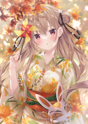 Rule 34 | 1girl, autumn, autumn leaves, black ribbon, blurry, blurry background, blurry foreground, blush, brown hair, commentary request, dappled sunlight, depth of field, double bun, floating hair, floral print, flower, hair between eyes, hair bun, hair ribbon, highres, holding, holding pinwheel, japanese clothes, jimmy madomagi, kimono, leaf, lens flare, light rays, long hair, long sleeves, looking at viewer, maple leaf, mask, unworn mask, nail polish, obi, orange flower, orange nails, original, outdoors, parted lips, peony print, pinwheel, print kimono, rabbit mask, red eyes, ribbon, sash, sidelocks, solo, spider lily, spider lily print, sunlight, tassel, upper body, white flower, wide sleeves