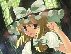Rule 34 | 1girl, bad id, bad pixiv id, blonde hair, female focus, forest, hat, kirisame marisa, nature, okina ika, outdoors, plant, ribbon, solo, touhou, upper body, witch, witch hat, yellow eyes