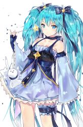 Rule 34 | 1girl, aqua eyes, aqua hair, bad id, bad pixiv id, rabbit, detached sleeves, dress, fingerless gloves, gloves, hair ornament, hairclip, hatsune miku, highres, long hair, pinky out, simple background, snowflakes, solo, star (symbol), tr, tr (kangtw123), twintails, very long hair, vocaloid, wand, white background, yuki miku, yukine (vocaloid)