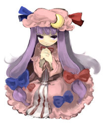 Rule 34 | 1girl, bad id, bad pixiv id, blue bow, blunt bangs, bow, cape, crescent, crescent moon, dadami, dress, expressionless, female focus, hair bow, hat, hat bow, long sleeves, looking at viewer, moon, own hands clasped, own hands together, patchouli knowledge, pink dress, purple eyes, purple hair, red bow, solo, striped, touhou, vertical stripes