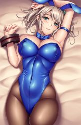 Rule 34 | 10s, 1girl, animal ears, arm strap, arm up, armlet, bare shoulders, blue eyes, blue leotard, blush, bow, bowtie, breasts, brown pantyhose, ciel alencon, cleavage, fake animal ears, god eater, god eater 2: rage burst, highres, large breasts, leotard, looking at viewer, lying, on back, pantyhose, playboy bunny, rabbit ears, short hair, short twintails, silver hair, solo, twintails, watanuki kaname