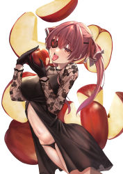 Rule 34 | 1girl, apple, arenoyoni, black dress, black panties, dress, eyepatch, food, fruit, hair between eyes, hair ribbon, highres, holding, holding food, holding fruit, hololive, houshou marine, long hair, looking at viewer, navel, open mouth, panties, red hair, red ribbon, ribbon, simple background, solo, stomach, teeth, thighs, tongue, tongue out, twintails, underwear, upper teeth only, virtual youtuber, white background