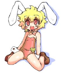 Rule 34 | 1girl, :d, animal ears, bare shoulders, blonde hair, blush, bow, bowtie, child, collar, fake animal ears, fang, flat chest, miter, open mouth, original, playboy bunny, rabbit ears, rami (miter), red eyes, short hair, simple background, sitting, sketch, smile, solo, spread legs, wariza, white background, wrist cuffs