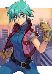 Rule 34 | 1girl, allenby beardsley, aqua eyes, aqua hair, belt, bodysuit, breasts, clenched hands, fighting stance, g gundam, gloves, gundam, hungry clicker, short hair, small breasts, smile, solo, traditional media, vest, yellow gloves