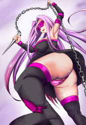 Rule 34 | 1girl, arm warmers, ass, bare shoulders, blindfold, boots, breasts, chain, dress, fate/stay night, fate (series), from below, huge ass, large breasts, long hair, medusa (fate), medusa (rider) (fate), merkonig, open mouth, purple hair, shiny skin, short dress, sideboob, smile, solo, thigh boots, thighhighs, thong, upskirt, very long hair, weapon