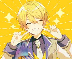 Rule 34 | 1boy, black shirt, blonde hair, blush, closed eyes, commentary, fingers to cheek, grin, highres, jacket, long sleeves, male focus, pointing, pointing at self, project sekai, shirt, signature, simple background, smile, solo, sparkle, tenma tsukasa, upper body, vest, white background, white jacket, yellow vest, yuhi (hssh 6)