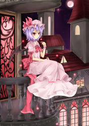 Rule 34 | 1girl, ascot, balcony, blue hair, cloudy.r, dress, female focus, hat, red eyes, remilia scarlet, scarlet devil mansion, short hair, sitting, solo, touhou, wings, zzz36951