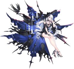 Rule 34 | 1girl, ark order, bare legs, bird, black choker, black dress, black footwear, black gloves, black hat, black nails, blue eyes, blue fire, breasts, bridal gauntlets, candle, choker, closed mouth, crow, detached sleeves, dress, duzie e, earrings, expressionless, fire, full body, gloves, hat, high heels, highres, jewelry, lace, lace gloves, large breasts, looking at viewer, nyx (ark order), official art, shoes, sitting, solo, sparkle, tachi-e, transparent background, white hair, wide sleeves