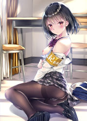Rule 34 | 1girl, armband, bad id, bad pixiv id, bag, bare shoulders, black footwear, black hair, blush, bow, bowtie, bra, bra pull, breasts, brown eyes, brown pantyhose, buttons, chair, closed mouth, clothes pull, commentary request, curtains, desk, dress shirt, frown, grey panties, grey skirt, hair ornament, hairclip, highres, indoors, kobayashi chisato, loafers, long sleeves, looking at viewer, miniskirt, nipples, off shoulder, original, panties, panties under pantyhose, pantyhose, photoshop (medium), plaid, plaid skirt, purple bow, purple bowtie, revision, school bag, school chair, school uniform, shirt, shoe soles, shoes, short hair, sidelocks, sitting, skirt, small breasts, solo, striped bow, striped bowtie, striped clothes, thighband pantyhose, underwear, white bra, white shirt, yokozuwari