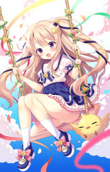 Rule 34 | 1girl, :d, animal, bird, blue background, blue ribbon, blue skirt, blush, closed eyes, cloud, commentary request, dutch angle, fang, flower, gradient background, hair ribbon, light brown hair, long hair, looking at viewer, nanohana kohina, open mouth, orange flower, orange rose, original, petals, pink flower, pink rose, puffy short sleeves, puffy sleeves, purple eyes, ribbon, rose, sailor collar, sailor shirt, shirt, short sleeves, sitting, skirt, smile, solo, swing, two side up, very long hair, white background, white flower, white rose, white sailor collar, white shirt, yellow ribbon