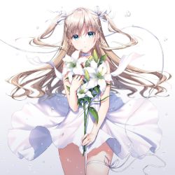 Rule 34 | 1girl, aqua eyes, bare arms, bare shoulders, brown hair, choker, cowboy shot, dress, floating hair, flower, gradient background, hair ribbon, holding, holding flower, lily (flower), long hair, looking at viewer, masuishi kinoto, original, parted lips, ribbon, sleeveless, sleeveless dress, solo, standing, thigh strap, thighs, two side up, water drop, white background, white choker, white dress, white flower, white ribbon