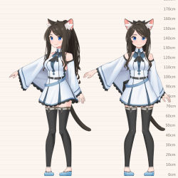Rule 34 | 1girl, aina (mao lian), animal ear fluff, animal ears, bare shoulders, black thighhighs, blue dress, blue eyes, blue footwear, brown hair, cat ears, cat tail, closed mouth, detached sleeves, dress, height chart, highres, long hair, long sleeves, looking at viewer, mao lian (nekokao), multiple views, navel, original, pigeon-toed, shoes, short dress, smile, standing, tail, thighhighs, wide sleeves, zettai ryouiki