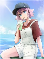 Rule 34 | 1girl, baseball cap, black hat, blue eyes, collarbone, commission, cup, day, drinking, hat, highres, holding, holding cup, jewelry, looking at viewer, necklace, original, outdoors, overall shorts, overalls, pink hair, red shirt, shirt, short hair, short sleeves, sidelocks, sitting, skeb commission, solo, unyon
