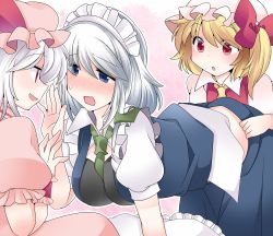 Rule 34 | 3girls, bent over, between breasts, blonde hair, blue eyes, blush, breasts, clothes pull, commentary request, d:, dress, fang, flandre scarlet, hammer (sunset beach), hanging breasts, izayoi sakuya, maid, maid headdress, multiple girls, necktie, necktie between breasts, open mouth, pink dress, puffy sleeves, red dress, red eyes, remilia scarlet, shirt, short sleeves, siblings, silver hair, sisters, skirt, skirt pull, skirt set, smile, smirk, sweatdrop, touhou, vest, wavy mouth, wrist cuffs, yuri