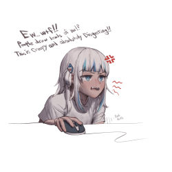 Rule 34 | 1girl, anger vein, blue eyes, blue hair, blush, english text, gawr gura, grey hair, highres, hololive, hololive english, implied masturbation, long hair, motion lines, mouse (computer), multicolored hair, nose blush, open mouth, sharp teeth, shirt, short sleeves, simple background, solo, streaked hair, t-shirt, teeth, upper body, virtual youtuber, white background, white shirt, wjs07