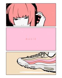 Rule 34 | 1girl, english text, flat color, hand up, headphones, miyoshi yoshimi, mouth out of frame, original, print footwear, red hair, shoes, solo