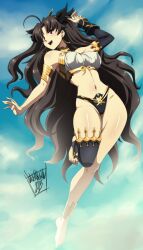 Rule 34 | 1girl, asymmetrical legwear, asymmetrical sleeves, bare shoulders, barefoot, bikini, black hair, black ribbon, breasts, covered erect nipples, curvy, danmakuman, detached sleeves, earrings, fate/grand order, fate (series), full body, gold trim, hair ribbon, hoop earrings, ishtar (fate), jewelry, long hair, medium breasts, midriff, mismatched bikini, narrow waist, navel, neck ring, open mouth, red eyes, revealing clothes, ribbon, shiny skin, signature, single detached sleeve, single thighhigh, smile, solo, stomach, swimsuit, thighhighs, uneven legwear, uneven sleeves, very long hair, wide hips