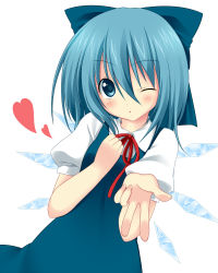 Rule 34 | 1girl, bad id, bad pixiv id, blowing kiss, blue dress, blue eyes, blue hair, blush, bow, cirno, dress, hair bow, hand on own chest, heart, looking at viewer, matching hair/eyes, one eye closed, oniku (shimofuri-ke), outstretched hand, shirt, short hair, simple background, solo, touhou, upper body, white background, wings, wink