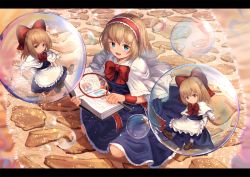 Rule 34 | 1girl, alice margatroid, apron, bad id, bad pixiv id, blonde hair, blue dress, blue eyes, book, bow, bowtie, braid, brown footwear, capelet, cobblestone, commentary, day, dress, english commentary, french braid, hair bow, hairband, highres, holding, holding book, in bubble, letterboxed, lolita hairband, long sleeves, looking at viewer, on ground, ookashippo, open book, open mouth, outdoors, red bow, red bowtie, shanghai doll, short hair, sitting, smile, soap bubbles, solo, touhou, waist apron, wariza, white capelet, white legwear