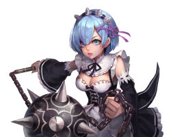 Rule 34 | 1girl, blue eyes, blue hair, breasts, cleavage, commentary request, detached sleeves, dress, flail, frills, hair ornament, hair over one eye, hair ribbon, highres, holding, holding weapon, looking at viewer, maid, maid headdress, medium breasts, open mouth, pink ribbon, re:zero kara hajimeru isekai seikatsu, rem (re:zero), ribbon, short hair, simple background, sl86, solo, weapon, white background, x hair ornament