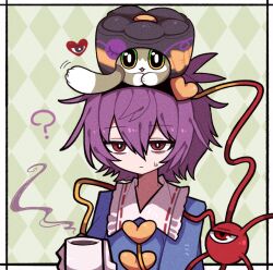 Rule 34 | ?, animal, animal on head, animalization, argyle, argyle background, argyle clothes, bags under eyes, black eyes, black hairband, blue shirt, bright pupils, buttons, cat, cat on head, closed mouth, critter pick (honkai: star rail), cup, diamond (shape), film grain, frilled shirt, frilled shirt collar, frilled sleeves, frills, green background, green cat, green eyes, hair between eyes, hair ornament, hairband, hand up, heart, heart button, heart hair ornament, holding, holding cup, honkai: star rail, honkai (series), komeiji koishi, komeiji koishi (cat), komeiji satori, long sleeves, medium hair, motion lines, multicolored eyes, on head, purple hair, red eyes, rhombus background, ribbon-trimmed collar, ribbon trim, shirt, siblings, sisters, third eye, tongue, tongue out, touhou, upper body, white cat, white pupils, yellow eyes, zunusama