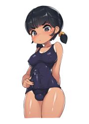 Rule 34 | 1futa, black eyes, black hair, black one-piece swimsuit, blunt bangs, blush, breasts, bulge, covered erect nipples, erection, erection under clothes, futanari, highres, large penis, looking down, medium breasts, one-piece swimsuit, original, penis, pepper0, precum, school swimsuit, school swimsuit flap, short twintails, simple background, solo, standing, sweatdrop, swimsuit, tan, tanline, twintails, v-shaped eyebrows, white background