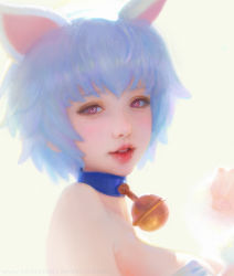 Rule 34 | 1girl, animal ears, arms up, artist name, artstation username, bell, blue collar, blue hair, breasts, cat ears, collar, collarbone, copyright request, eyelashes, large breasts, lips, neck bell, nose, parted lips, paw pose, pink hair, pink lips, portrait, ruoxin zhang, simple background, solo, teeth, upper body, watermark, web address, white background