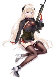 Rule 34 | 1girl, absurdres, battle rifle, black corset, black thighhighs, blonde hair, breasts, cleavage, closed mouth, commission, corset, cross, cross necklace, crossed legs, g3 (girls&#039; frontline), g3 (mod3) (girls&#039; frontline), garter straps, girls&#039; frontline, gun, h&amp;k g3, hand on floor, high heels, highres, holding, holding weapon, jewelry, long hair, looking at viewer, medium breasts, mod3 (girls&#039; frontline), necklace, on floor, pixiv commission, purple eyes, rifle, solo, suprii, thighhighs, weapon, white background