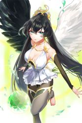 Rule 34 | 1girl, arm warmers, asymmetrical wings, ball, bare shoulders, barefoot, black hair, breasts, cleavage, feet, green eyes, grey leggings, hair ornament, highres, large breasts, leggings, long hair, looking at viewer, metatron (soccer spirits), mismatched wings, nail polish, no shoes, official art, parted lips, pink nails, soccer spirits, solo, standing, standing on one leg, toeless legwear, toes, transparent background, very long hair, wings