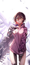 Rule 34 | 1girl, absurdres, adarin, android, breasts, brown hair, glasses, gradient hair, highres, hololive, mechanical wings, medium breasts, multicolored hair, original, pink sweater, roboco-san, roboco-san (hoodie), solo, sweater, teardrop-framed glasses, torn clothes, virtual youtuber, wings, yellow eyes