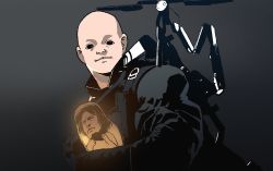 Rule 34 | 2boys, baby, bald, bb-28, black coat, closed mouth, coat, death stranding, gogalking, gradient background, grey background, highres, holding, long sleeves, looking at viewer, multiple boys, odradek, parody, personality switch, sam porter bridges