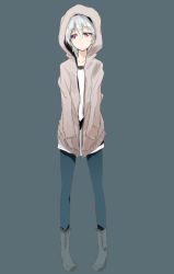 Rule 34 | 1girl, bad id, bad pixiv id, boots, casual, darker than black, full body, hands in pockets, hood, hoodie, looking away, maromi (am97), md5 mismatch, purple eyes, silver hair, simple background, solo, standing, yin (darker than black)