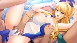Rule 34 | 1girl, 3boys, black hair, blonde hair, blue eyes, blush, grabbing another&#039;s breast, breasts, brown hair, bulge, competition swimsuit, covered erect nipples, erection, erection under clothes, gakuen taima, game cg, grabbing, grabbing from behind, group sex, hand under clothes, hand under swimsuit, hijirigaoka lisa, koizumi amane, large breasts, long hair, multiple boys, nipples, one-piece swimsuit, open mouth, penis, ponytail, pool, see-through, smile, sweat, swimsuit