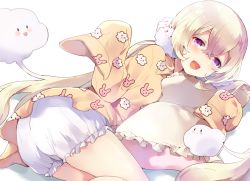 Rule 34 | 10s, 1girl, :d, animal print, blonde hair, bloomers, blush, breasts, cloud, cloud hair ornament, cloud print, frilled pillow, frills, hair between eyes, hands in opposite sleeves, kanaicooo, long hair, looking at viewer, low twintails, lying, mahou shoujo ikusei keikaku, mahou shoujo ikusei keikaku unmarked, nemurin, nemurin (mahoiku), no pants, hugging object, on side, open mouth, pajamas, pillow, pillow hug, print pajamas, purple eyes, rabbit print, sleeves past wrists, small breasts, smile, solo, twintails, underwear, very long hair, white background