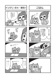 Rule 34 | 1girl, 4koma, :3, :d, acorn, animal hands, bkub, bowl, cat, cat paws, claws, comic, greyscale, halftone, monochrome, mortar (bowl), open mouth, pestle, pet bowl, pet food, ponytail, risubokkuri, shirt, short hair, simple background, sliced, smile, snorting, speech bubble, squirrel, table, talking, translation request, two-tone background, two side up