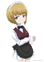 Rule 34 | 10s, 1girl, apron, bartender, black apron, black neckwear, blonde hair, blunt bangs, bow, bowtie, brown vest, closed mouth, cloth, cowboy shot, cutlass (girls und panzer), dress shirt, frilled apron, frills, frown, girls und panzer, glass, handkerchief, holding, long sleeves, looking at viewer, maid headdress, miniskirt, one-hour drawing challenge, pleated skirt, school uniform, shibagami, shirt, simple background, skirt, standing, twitter username, vest, waist apron, white background, white shirt, white skirt, wing collar, wiping, yellow eyes