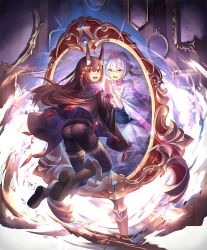 Rule 34 | 10s, 1girl, animal ears, artist request, brown hair, cape, corset, cygames, different reflection, dual persona, evil smile, hand on mirror, long hair, mirror, official art, purple eyes, purple hair, reflection, scared, shadowverse, shingeki no bahamut, short hair, smile
