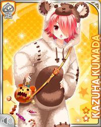 Rule 34 | 1girl, angry, animal costume, bear costume, card (medium), character name, dropped object, girlfriend (kari), halloween, hood, hood up, kumada kazuha, looking at viewer, matching hair/eyes, official art, open mouth, qp:flapper, red eyes, red hair, short hair, shorts, tagme, yellow background