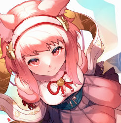Rule 34 | 1girl, animal ear fluff, animal ears, blush, breasts, commentary request, fire emblem, fire emblem fates, fire emblem heroes, fox ears, hairband, highres, japanese clothes, looking at viewer, looking up, nakabayashi zun, nintendo, obi, pink hair, pleated skirt, red eyes, sakura (fire emblem), sash, short hair, sidelocks, skirt, smile, solo