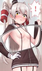Rule 34 | !, 1girl, amatsukaze (kancolle), black dress, black hair, blush, clipboard, dress, garter straps, glasses, gloves, hair between eyes, hair tubes, hand on own hip, highres, holding, holding clipboard, kantai collection, long hair, long sleeves, looking at viewer, neckerchief, nipples, open mouth, sailor collar, sailor dress, silver hair, single glove, solo, spoken exclamation mark, tiemu (man190), two side up, upper body, white gloves, white sailor collar, yellow eyes