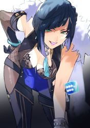 Rule 34 | 1girl, black gloves, blue dress, blue hair, bob cut, breasts, cleavage, cowboy shot, diagonal bangs, dice, dress, earrings, fur collar, genshin impact, gloves, gradient background, green eyes, hand on own hip, highres, jacket, jacket on shoulders, jewelry, large breasts, leaning forward, looking at viewer, mikuroron, mole, mole on breast, parted lips, pelvic curtain, short hair, sleeveless, smile, solo, tassel, white jacket, yelan (genshin impact)