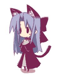 Rule 34 | 00s, 1girl, animal ears, black bow, black dress, black pantyhose, blue hair, blush stickers, bow, cat ears, cat tail, chibi, chibi only, dress, extra ears, full body, hair bow, hands on own chest, large bow, len (tsukihime), long hair, long sleeves, looking afar, looking away, lowres, murata mine, pantyhose, pointy ears, simple background, sleeves past wrists, solo, standing, tail, tsukihime, white background