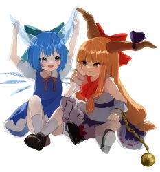 Rule 34 | 2girls, :d, absurdres, black footwear, blue bow, blue dress, blue eyes, blue hair, bow, bowtie, brown eyes, brown horns, chain, cirno, closed mouth, collared shirt, commentary request, dress, fang, fang out, flat chest, full body, hair bow, hand on own cheek, hand on own face, highres, horn bow, horn ornament, horns, ibuki suika, ice, ice horns, ice wings, long hair, looking at another, low-tied long hair, mikan (manmarumikan), multiple girls, open mouth, orange hair, orb, pinafore dress, purple bow, purple skirt, red bow, red bowtie, shirt, shoes, short hair, sidelocks, simple background, sitting, skirt, sleeveless, sleeveless dress, sleeveless shirt, smile, socks, touhou, very long hair, white background, white shirt, wings, wrist cuffs