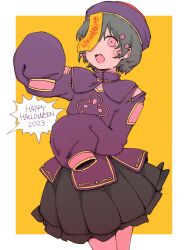 Rule 34 | 1girl, alternate costume, black hair, black skirt, blush, border, bow, cevio, clothing cutout, commentary, cowboy shot, fang, floral print, flower, hair bow, hair flower, hair ornament, halloween costume, hands up, happy halloween, hat, high collar, highres, iyowa (igusuri please), jiangshi costume, kyu-kurarin (cevio), looking at viewer, ofuda, ofuda on head, one eye covered, open mouth, outside border, pink bow, pink eyes, pink flower, print shirt, purple shirt, qingdai guanmao, shirt, short hair, shoulder cutout, simple background, skirt, sleeves past fingers, sleeves past wrists, solo, standing, white border, yellow background