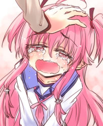 Rule 34 | 10s, 1girl, angel beats!, blush, crying, crying with eyes open, hand on another&#039;s head, hikawa shou, long hair, open mouth, headpat, pink eyes, pink hair, school uniform, serafuku, solo focus, tears, twintails, two side up, wavy mouth, yui (angel beats!)