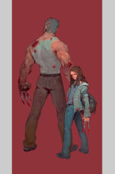 Rule 34 | 1boy, 1girl, artist request, bag, black hair, blood, blood on face, brown eyes, brown hair, claw (weapon), claws, father and daughter, highres, jacket, logan (movie), long hair, looking at viewer, manly, marvel, simple background, weapon, wolverine (x-men), x-23, x-men