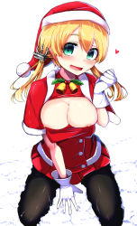 Rule 34 | 10s, 1girl, anchor hair ornament, aqua eyes, bad id, bad pixiv id, bell, blonde hair, blush, breasts, capelet, cleavage cutout, clothing cutout, hair ornament, hair ribbon, hat, heart, holly, jingle bell, kantai collection, large breasts, looking at viewer, low twintails, nipples, open mouth, pantyhose, prinz eugen (kancolle), ribbon, santa costume, santa hat, skirt, smile, solo, tenken (gotannda), twintails