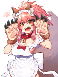 Rule 34 | 1girl, animal ear fluff, animal ears, animal hands, apron, bell, blush, breasts, cat hair ornament, cat paws, cleavage, collar, commentary, commentary request, fate/extella, fate/extra, fate/grand order, fate (series), fox ears, fox girl, fox tail, gloves, hair ornament, highres, jingle bell, large breasts, long hair, mikan (chipstar182), naked apron, neck bell, no bra, off shoulder, open mouth, paw gloves, pink hair, ponytail, solo, standing, tail, tamamo (fate), tamamo cat (fate), tamamo cat (third ascension) (fate), uvula, white apron