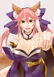 Rule 34 | 10s, 1girl, animal ears, bare shoulders, blue bow, bow, breasts, cleavage, detached sleeves, fang, fate/extra, fate/grand order, fate (series), fox ears, fox tail, hair ribbon, japanese clothes, large breasts, misuko (sbelolt), open mouth, pink hair, ribbon, solo, tail, tamamo (fate), tamamo no mae (fate/extra), yellow eyes